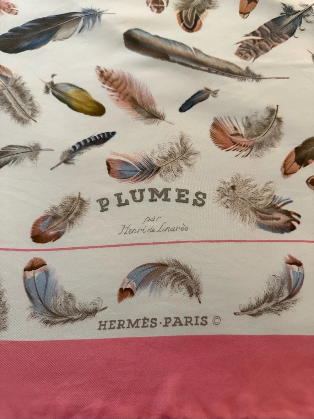 Hermès Scarf. ‘Plumes’, by Henri de Linares. 100% Silk. Made in France.